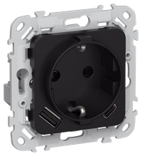 FLITE Розетка 1-местная с заземлением с защитными шторками 16А с USB A+C 20Вт безвинтовое крепление РСЮшс11-1-ФлЧ черный IEK