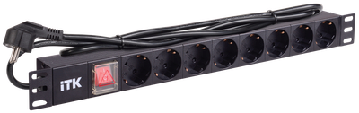 ITK PDU 8 розеток нем. стандарт, с LED выключателем, 1U, шнур 2м вилка нем. стандарт, алюминиевый профиль