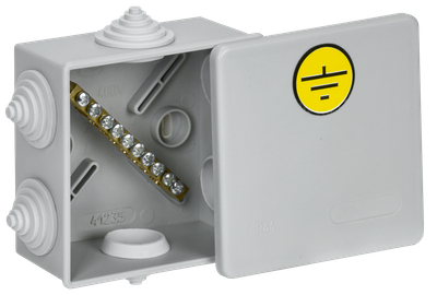 Коробка уравнивания потенциалов КУП КМ41360 с защелкивающейся крышкой безгалогенная (HF) 85х85х40мм IP44 6 гермовводов (RAL 7035) IEK