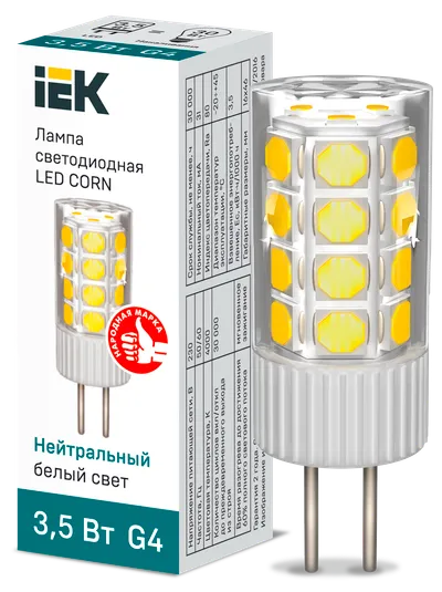 LED capsule lamp LED CORN capsule 3.5W 230V 4000K ceramics G4 IEK is a replacement for capsule halogen lamps of the corresponding base and is used both for basic lighting of residential and commercial premises, and for spot and accent lighting.
