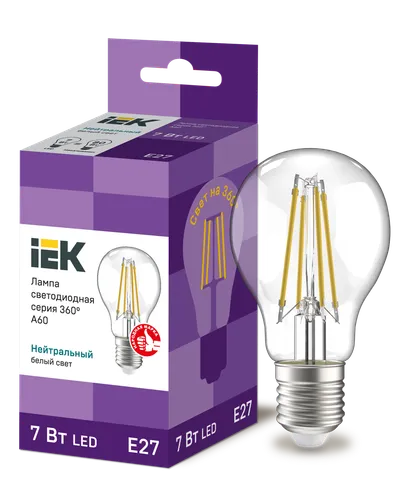 LED lamp A60 ball transparent. 7W 230V 4000K E27 series 360° IEK with filament LED (filament thread) is one of the most efficient light sources.
The main difference from conventional LED lamps is the light dispersion angle of up to 360° (additional comfort for the eyes). The lamp is used in household lighting devices. Presented in 3 versions: with transparent, gilded and matte flasks.
Complies with the requirements of the Technical Regulations of the Customs Union TR TS 004/2011, TR TS 020/2011, IEC 62560 and Decree of the Government of the Russian Federation dated November 10, 2017 No. 1356.