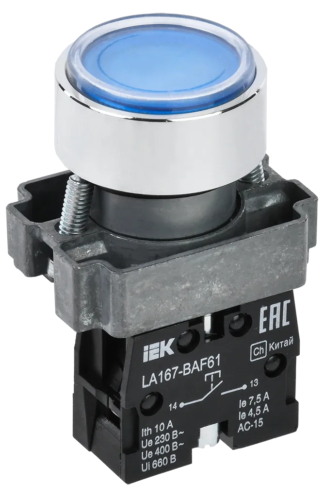 Кнопка управления LA167-BAF61 d=22мм 1з синяя IEK