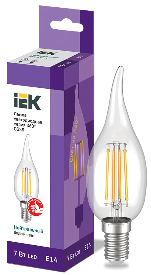 Лампа светодиодная CВ35 свеча на ветру прозрачная 7Вт 230В 4000К E14 серия 360° IEK
