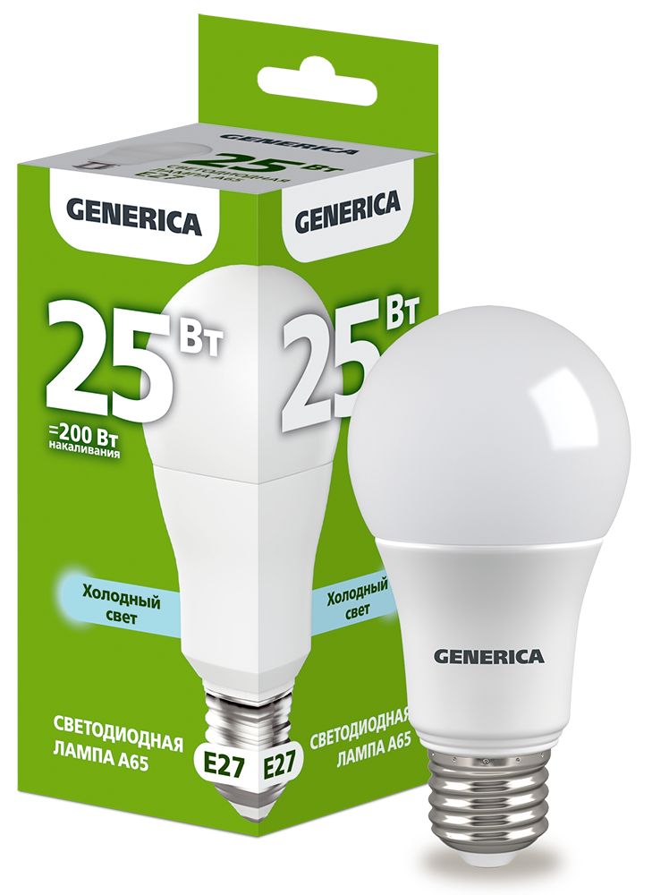 Лампа светодиодная A65 груша 25Вт 230В 6500К E27 GENERICA (LL-A65-25-230-65-E27-G)