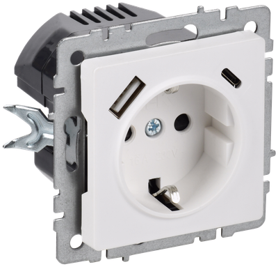 BRITE Розетка 1-местная с заземлением с защитными шторками 16А с USB A+C 18Вт РЮш11-1-БрАБ арктический белый IEK
