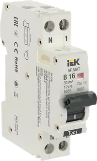 ARMAT Автоматический выключатель дифференциального тока B06S 1P+NP B16 30мА тип A (18мм) IEK