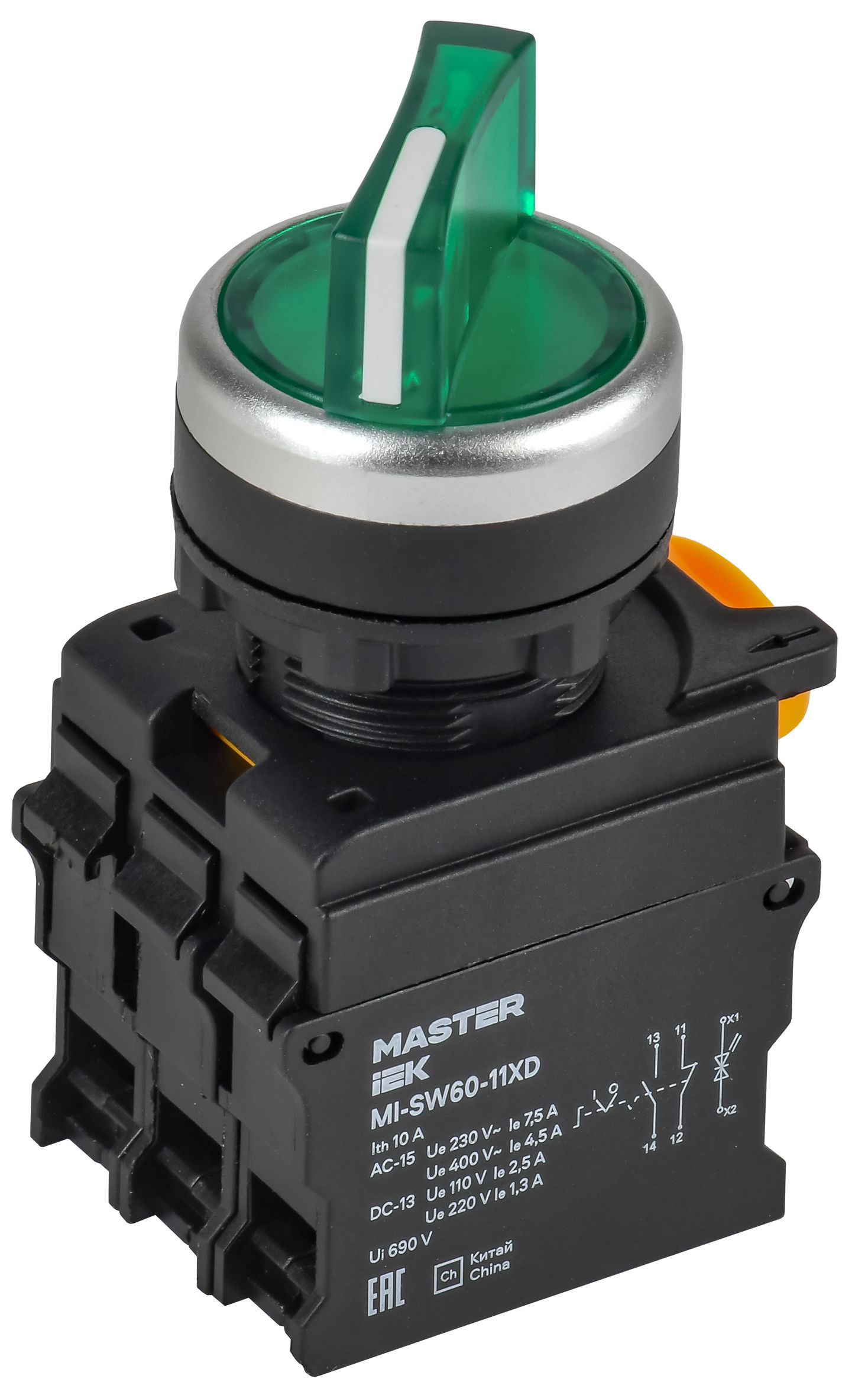 Переключатель с подсвесткой на 2 положения 1NO+1NC зелёный MASTER IEK (MI-SW60-11XD-3-14-2-K06)