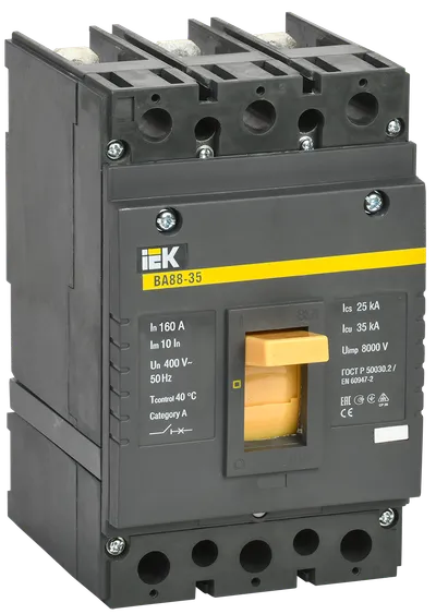 Автоматические выключатели ВА88 предназначены для проведения тока в нормальном режиме и отключения тока при коротких замыканиях, перегрузке, недопустимых снижениях напряжения, а также для оперативных включений и отключений участков электрических цепей и рассчитаны для эксплуатации в электроустановках с номинальным рабочим напряжением до 400 В и на номинальные токи от 12,5 до 1600 А.

Соответствуют требованиям ГОСТ Р 50030.2.