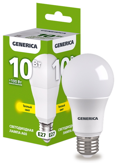 Лампа светодиодная A60 груша 10Вт 230В 3000К E27 GENERICA