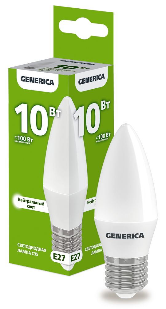 Лампа светодиодная C35 свеча 10Вт 230В 4000К E27 GENERICA (LL-C35-10-230-40-E27-G)
