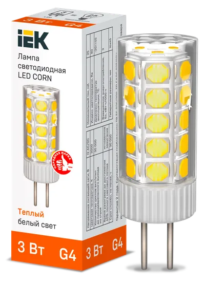 LED capsule lamp LED CORN 3W 12V 3000K ceramics G4 IEK is a replacement for halogen capsule lamps of the corresponding base and is used both for basic lighting of residential and commercial premises, and for spot and accent lighting.