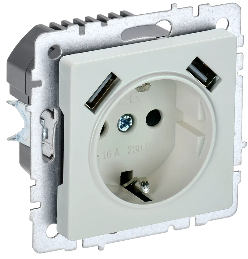 BRITE Socket outlet 1-gang with earthing with protective shutters 16A with USB A+A 5V 3.1A RYUSH10-2-BRJ pearl IEK