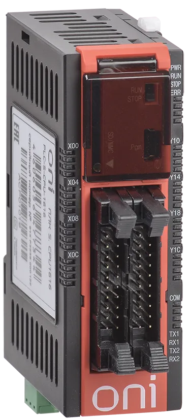 ПЛК S. Модуль CPU серии ONI со встроенными 16 дискретными входами (Sink/Source) и 16 дискретными выходами (транзисторные), интегрированный Ethernet 10/100 Мб 1 канал, RS232C 1 канал, RS485 1 канал, поддержка карт памяти SD. Напряжение питания 24 В DC