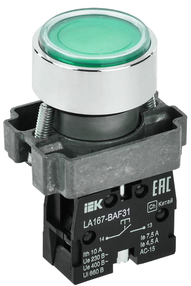 Кнопка управления LA167-BAF31 d=22мм 1NO зеленая IEK (BBT20-BAF31-1-22-67-K06)