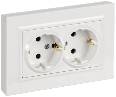 BRITE Розетка 2-местная с заземлением с защитными шторками плоская 16А в сборе РСшПл12-3-БрБ белый