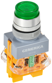 Кнопка управления D7-11D d=22мм 1NC+1NO с подсветкой зеленая GENERICA