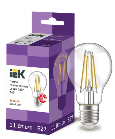 LED lamp A60 ball transparent. 11W 230V 3000K E27 series 360° IEK with filament LED (filament thread) is one of the most efficient light sources.
The main difference from conventional LED lamps is the light dispersion angle of up to 360° (additional comfort for the eyes). The lamp is used in household lighting devices. Presented in 3 versions: with transparent, gilded and matte flasks.
Complies with the requirements of the Technical Regulations of the Customs Union TR TS 004/2011, TR TS 020/2011, IEC 62560 and Decree of the Government of the Russian Federation dated November 10, 2017 No. 1356.