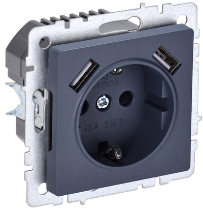 BRITE Розетка 1-местная с заземлением с защитными шторками 16А с USB A+A 5В 3,1А РЮш10-2-БрМ маренго IEK
