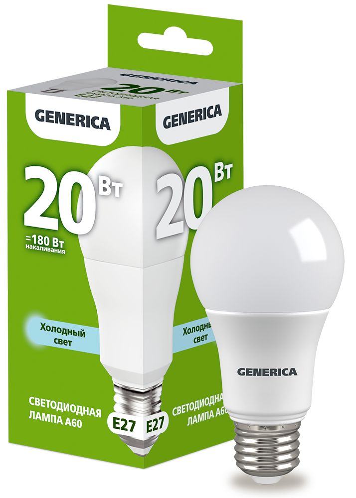 Лампа светодиодная A60 груша 20Вт 230В 6500К E27 GENERICA (LL-A60-20-230-65-E27-G)
