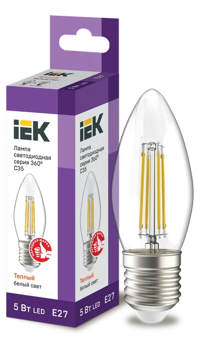 LED lamp C35 candle clear. 5W 230V 3000K E27 series 360° IEK with filament LED (filament thread) is one of the most efficient light sources.
The main difference from conventional LED lamps is the light dispersion angle of up to 360° (additional comfort for the eyes). The lamp is used in household lighting devices. Presented in 3 versions: with transparent, gilded and matte flasks.
Complies with the requirements of the Technical Regulations of the Customs Union TR TS 004/2011, TR TS 020/2011, IEC 62560 and Decree of the Government of the Russian Federation dated November 10, 2017 No. 1356.