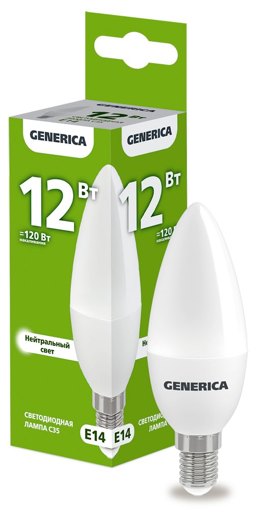 Лампа светодиодная C35 свеча 12Вт 230В 4000К E14 GENERICA (LL-C35-12-230-40-E14-G)