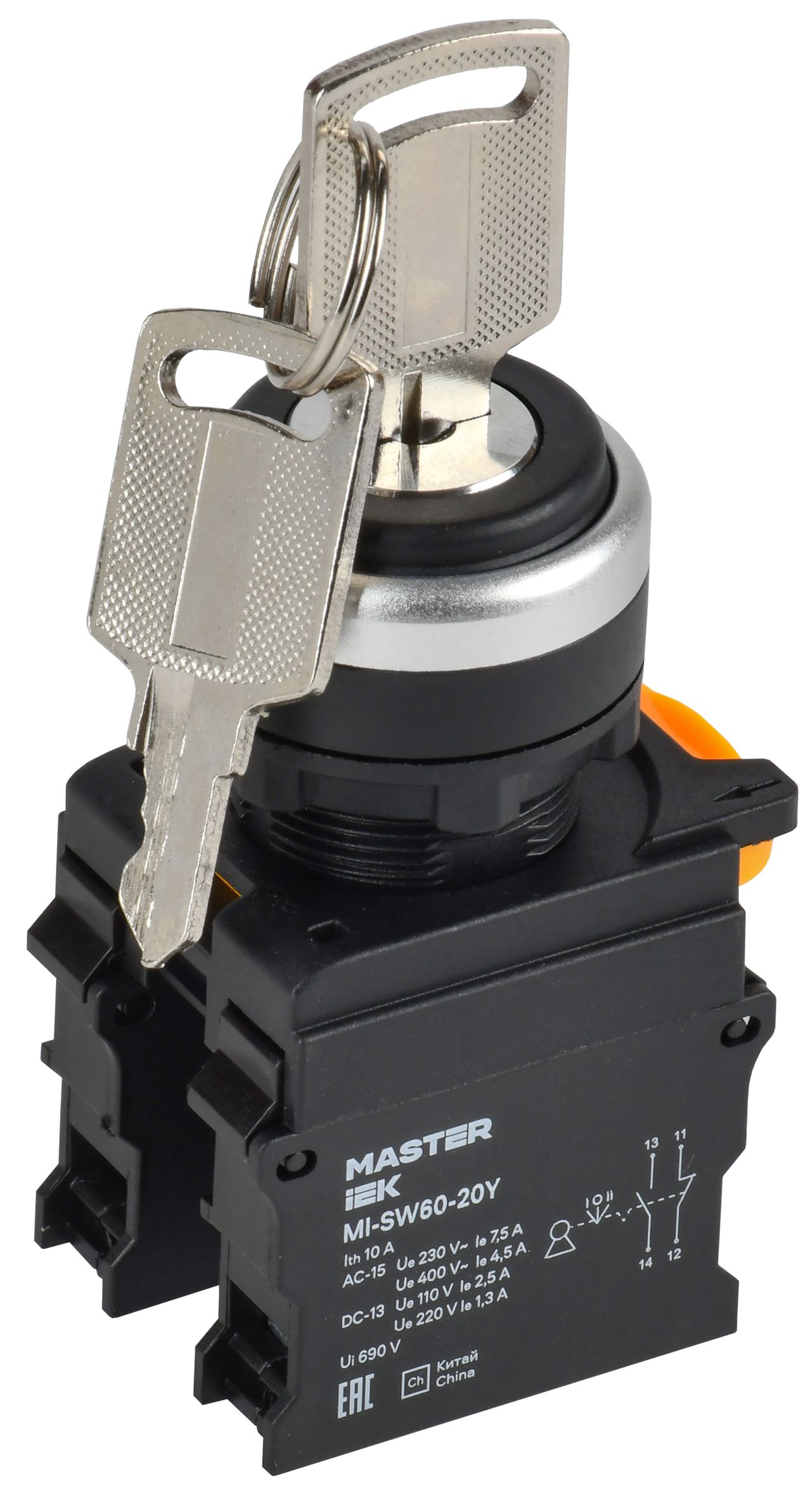 Переключатель с ключом на 3 положения 2NO чёрный MASTER IEK (MI-SW60-20Y-3-34-3-K02)