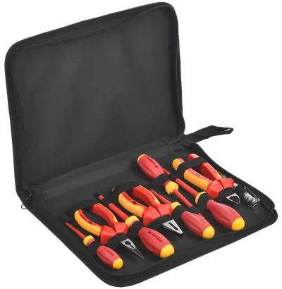 The set of dielectric tools N-01 series K3 (Expert) is designed for use under voltage up to 1000 V. The set includes pliers 160mm, side cutters 160mm and thin-nosed pliers 160mm, Phillips screwdrivers PH1x80, PH2x100; slotted screwdrivers SL2.5x75, SL4.0x100, SL5.5x125 and a probe screwdriver OP-1.
Handle material – polypropylene and polyvinyl chloride PP+PVC.