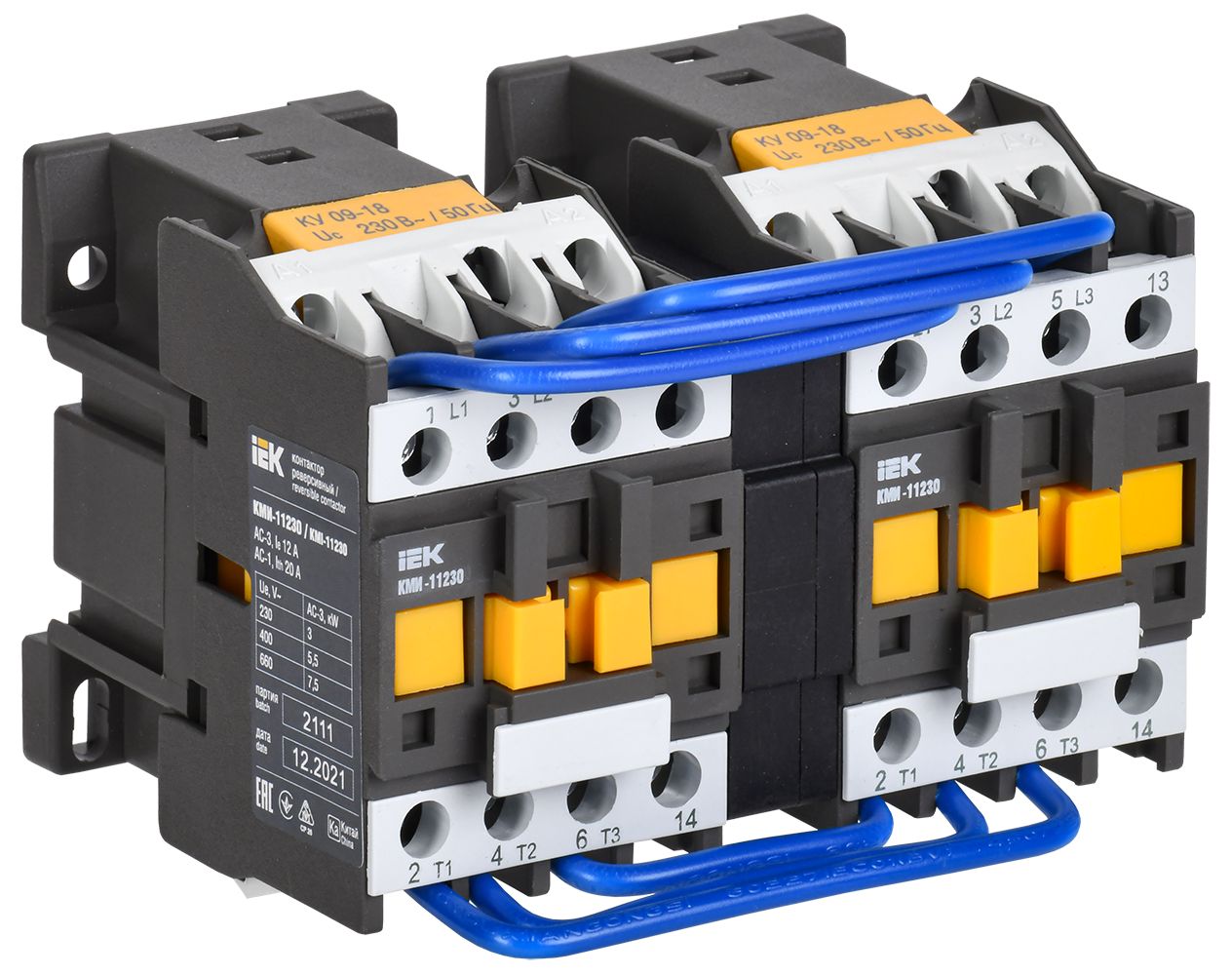 Контактор КМИ-11230 реверс 12А 230В/АС3 2NO IEK (KKM13-012-230-20-1)