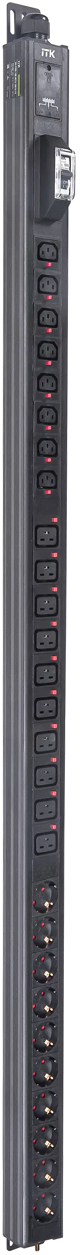 ITK BASE PDU вертикальный PV1102 33U 1 фаза 32А 10 розеток SCHUKO (немецкий стандарт) + 8 розеток C13 + 10 розеток C19 без кабеля с клеммной колодкой