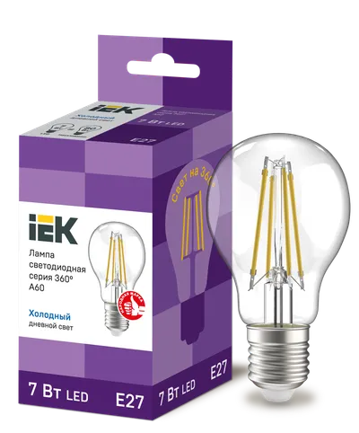 LED lamp A60 ball transparent. 7W 230V 6500K E27 series 360° IEK with filament LED (filament thread) is one of the most efficient light sources.
The main difference from conventional LED lamps is the light dispersion angle of up to 360° (additional comfort for the eyes). The lamp is used in household lighting devices. Presented in 3 versions: with transparent, gilded and matte flasks.
Complies with the requirements of the Technical Regulations of the Customs Union TR TS 004/2011, TR TS 020/2011, IEC 62560 and Decree of the Government of the Russian Federation dated November 10, 2017 No. 1356.