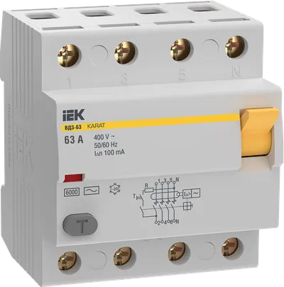 Выключатель дифференциальный (УЗО) KARAT ВД3-63 4P 63А 100мА 6кА тип AC IEK