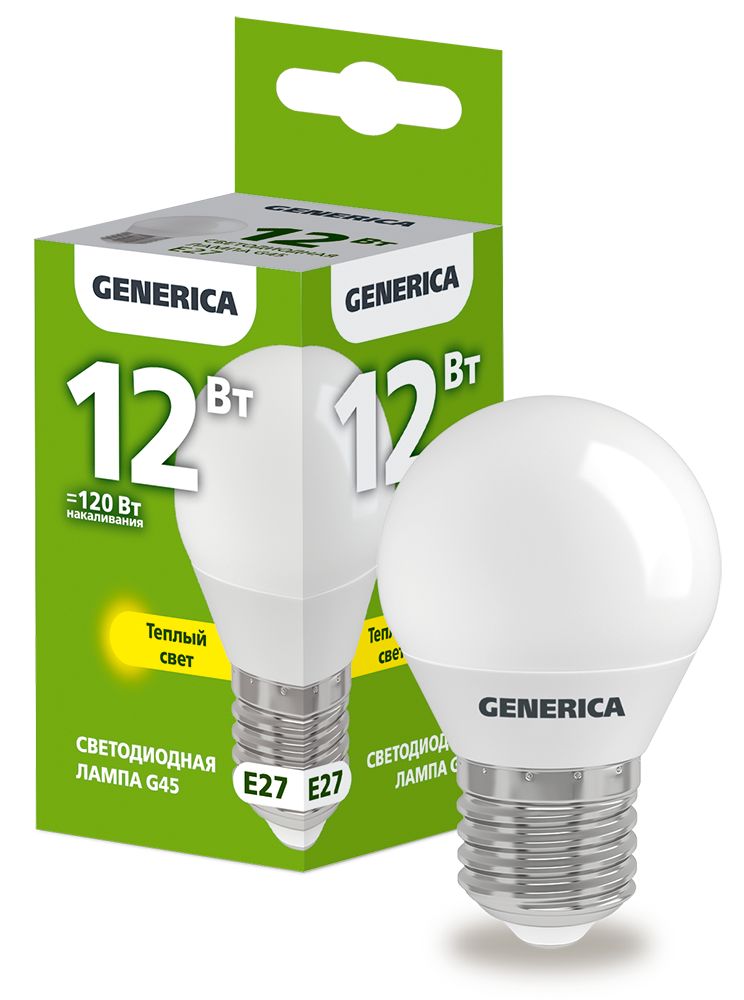 Лампа светодиодная G45 шар 12Вт 230В 3000К E27 GENERICA (LL-G45-12-230-30-E27-G)