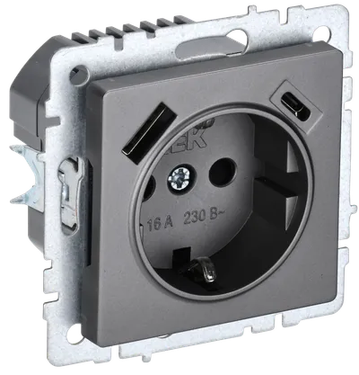 BRITE Socket outlet 1-gang with earthing with protective shutters 16A with USB A+C 18W RUSh11-1-BrS steel IEK