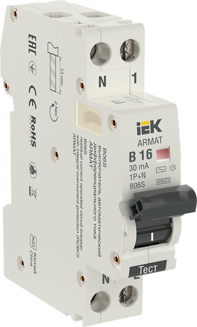 ARMAT Автоматический выключатель дифференциального тока B06S 1P+NP B16 30мА тип AC (18мм) IEK