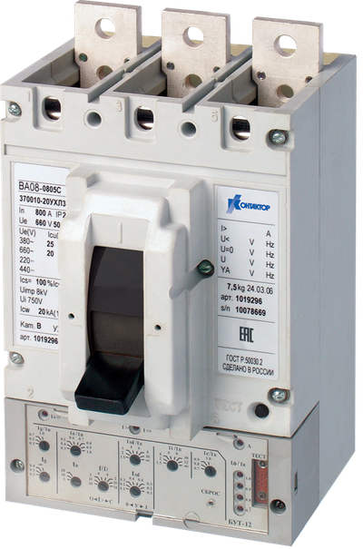 Выключатель автоматический ВА08-0405Н-331810-20УХЛ3 160А 660В уставка 5120А НР24DC короткие выводы присоединение переднее шина или кабель с кабельным наконечником с отверстием под контактный стержень d=10 мм медь Контактор