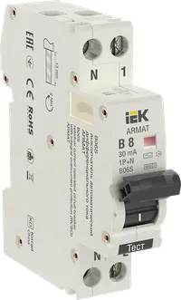 ARMAT Автоматический выключатель дифференциального тока B06S 1P+NP B8 30мА тип AC (18мм) IEK