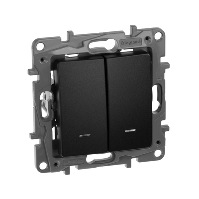 ETIKA Переключатель 2-клавишный с подсветкой/индикацией схема 6/2L 10АХ безвинтовые зажимы антрацит