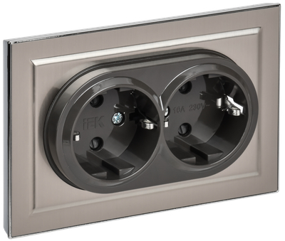 BRITE Розетка 2-местная с заземлением с защитными шторками 16А в сборе РСш12-3-БрГН металл хром/никель IEK