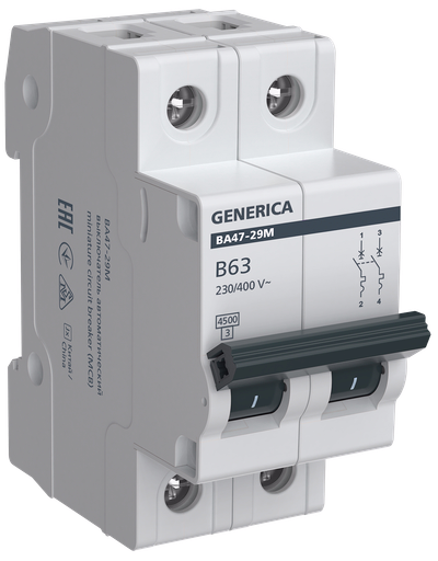Автоматический выключатель ВА47-29М 2P 63А 4,5кА B GENERICA