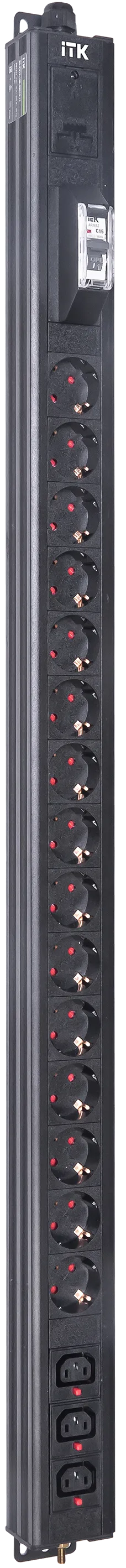 Вертикальный комбинированный блок распределения питания PDU ITK включает в себя розетки двух типов: 15 розеток Schuko и 3 розетки C13 – что позволяет подключать с их помощью различное оборудование. PDU ITK изготавливается из высококачественных термостойких материалов и пластмасс, оснащается 2,6 метровым кабелем электропитания с вилкой Schuko. PDU ITK прекрасно справляется с задачей по электроснабжению сетевого оборудования в шкафах и стойках, а также с требованием защиты от токов короткого замыкания и перенапряжения. PDU ITK соответствует российским и международным стандартам качества и устанавливается с помощью кронштейнов, при этом положение кронштейнов можно менять, либо безынструментальным методом при помощи монтажных штифтов.