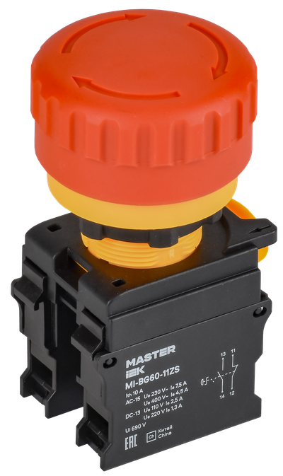 Кнопка "Грибок" поворотная с фиксацией 1NO+1NC красная MASTER IEK