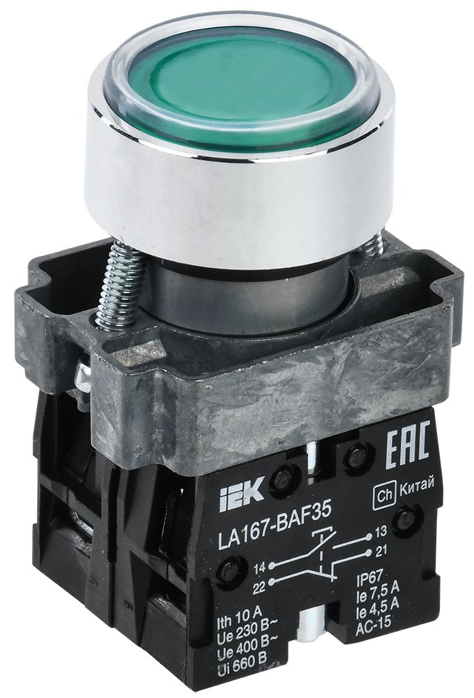 Кнопка управления LA167-BAF35 d=22мм 1NO+1NC зеленая IEK (BBT20-BAF35-3-22-67-K06)
