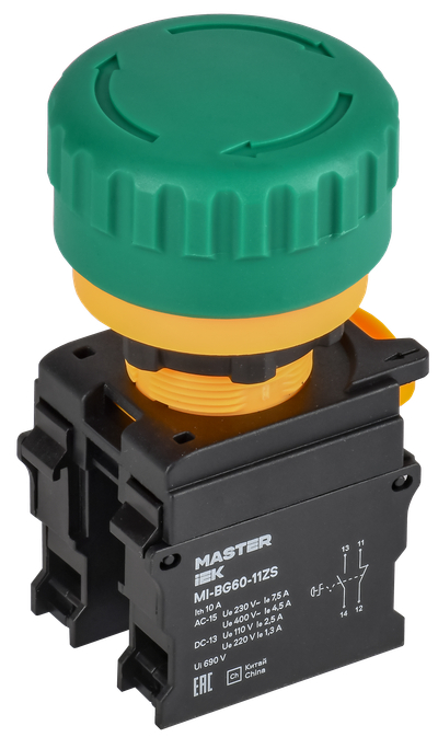 Кнопка "Грибок" поворотная с фиксацией 1NO+1NC зелёная MASTER IEK