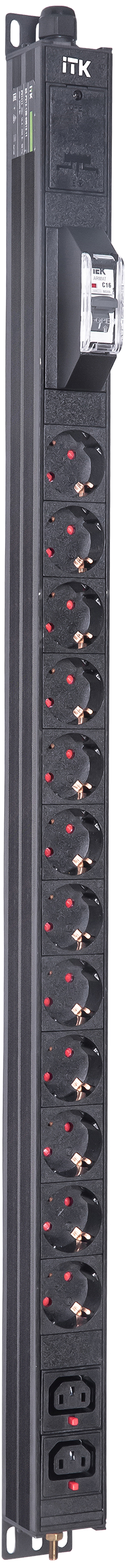 ITK BASE PDU вертикальный PV1111 20U 1 фаза 16А 12 розеток SCHUKO (немецкий стандарт) + 2 розетки C13 кабель 2,6м вилка SCHUKO (немецкий стандарт)