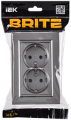 BRITE Розетка 2-местная с заземлением без защитных шторок плоская 16А в сборе РСПл12-3-БрС сталь IEK1
