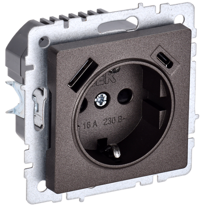 BRITE Розетка 1-местная с заземлением с защитными шторками 16А с USB A+C 18Вт РЮш11-1-БрТБ темная бронза IEK