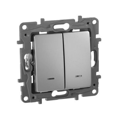 ETIKA Выключатель 2-клавишный с подсветкой/индикацией схема 5L 10АХ безвинтовые зажимы алюминий