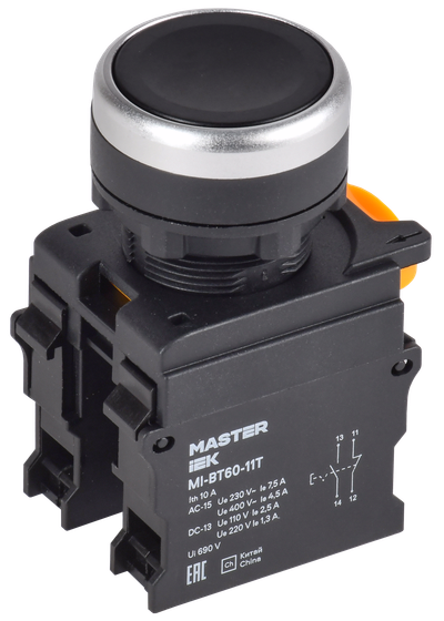 Кнопка с фиксацией d=22мм 1NO+1NC чёрная MASTER IEK