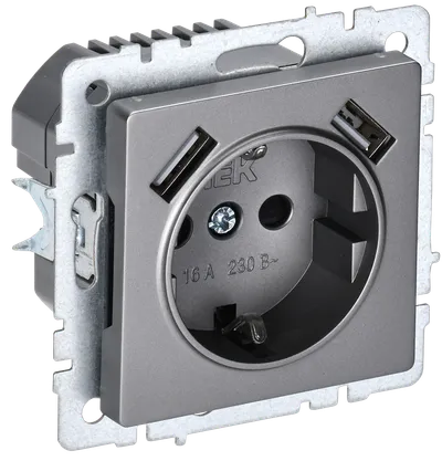 BRITE Socket outlet 1-gang with earthing with protective shutters 16A with USB A+A 5V 3.1A RUSh10-2-BrS steel IEK