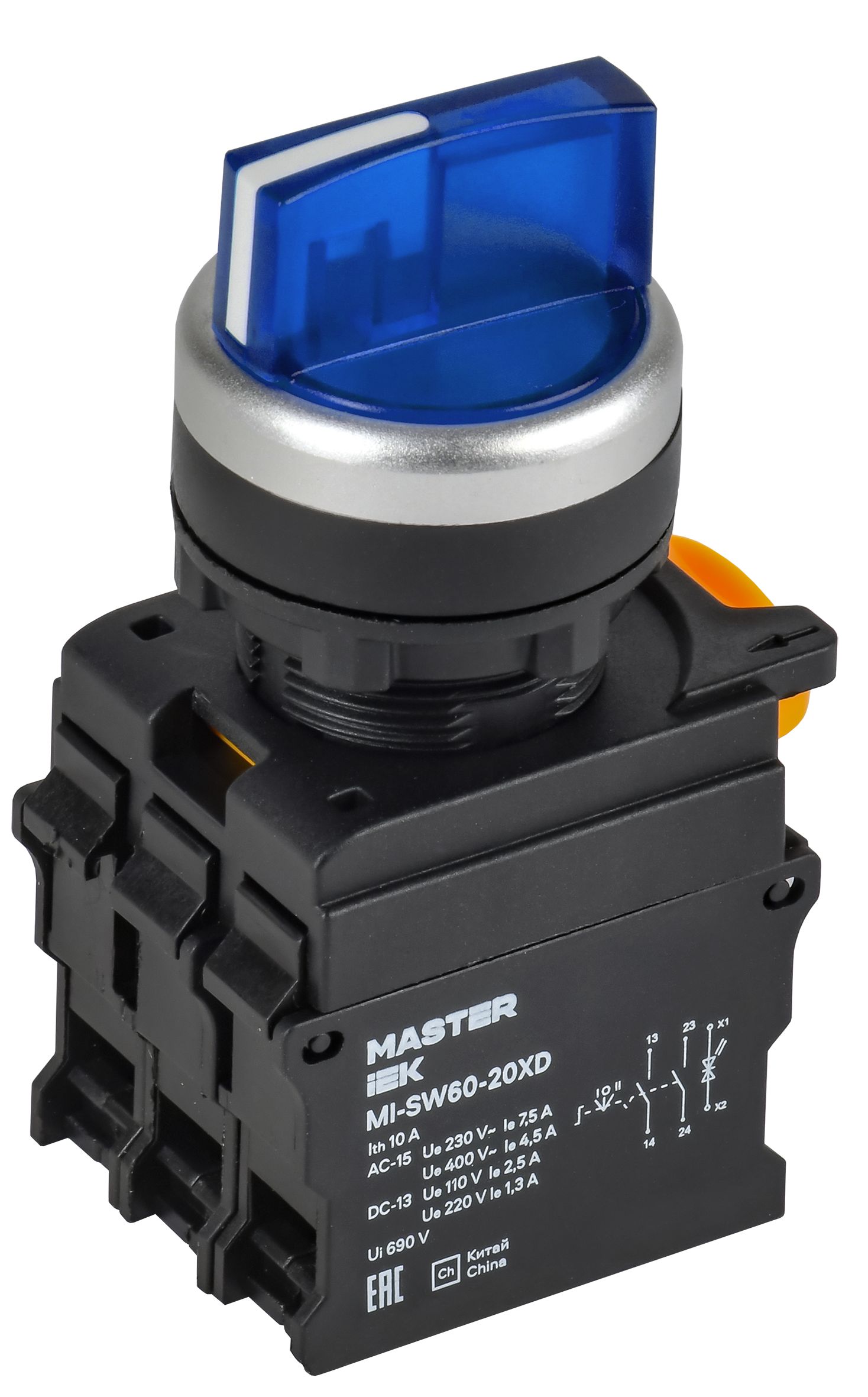 Переключатель с подсветкой на 3 положения 2NO синий MASTER IEK (MI-SW60-20XD-4-14-3-K07)